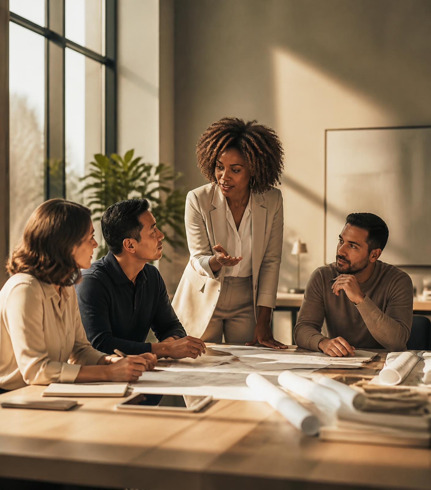 Diverse team of consultants in a working strategy session by tall office windows