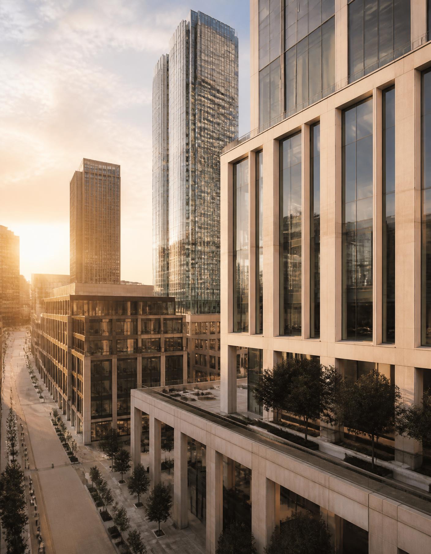 Warm modern architecture of limestone and glass in late afternoon light