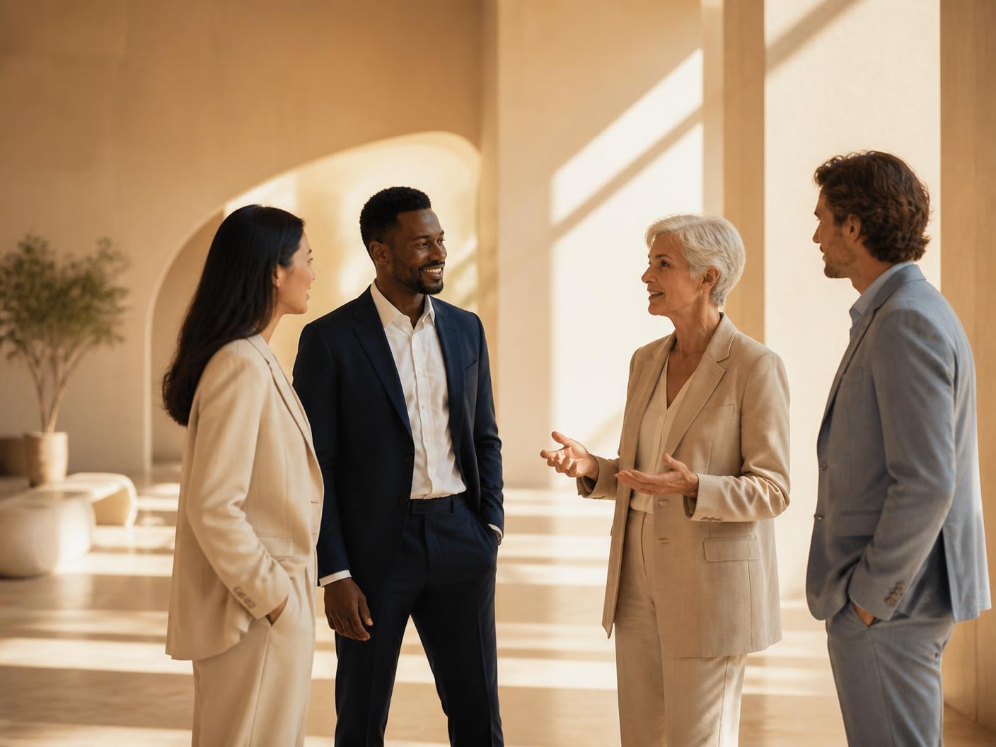 Diverse professionals in conversation in a warm sunlit lobby