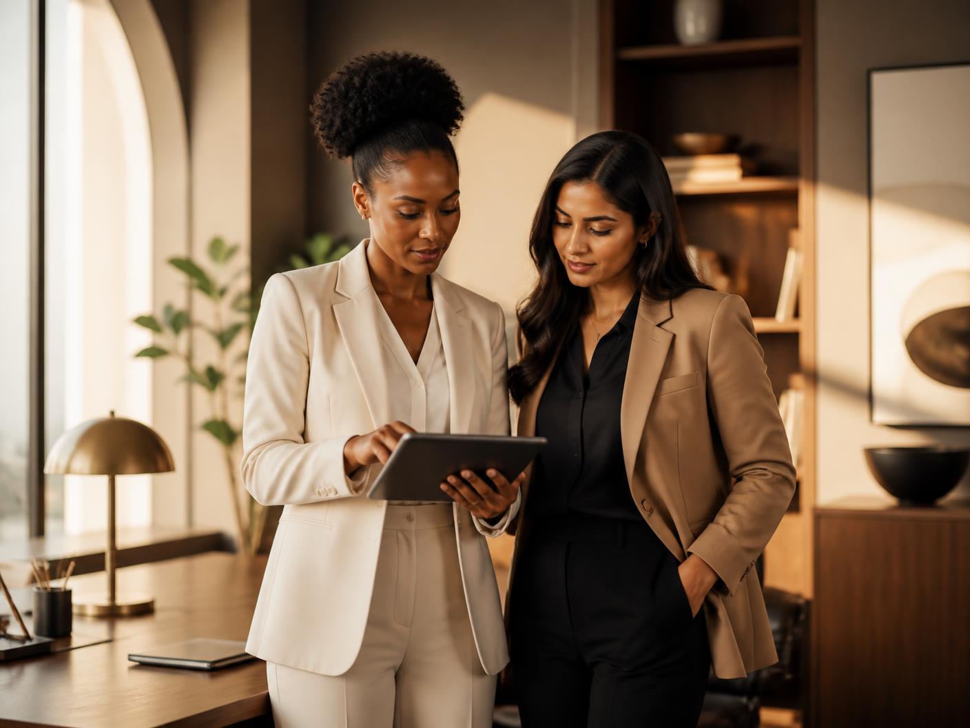 Two executives reviewing work together in a warm modern office